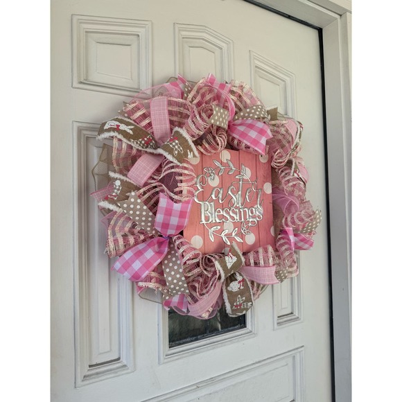 Beige Pink Easter Blessings Deco Mesh Ribbon Spring Wreath Front Door Hanger - Picture 6 of 8